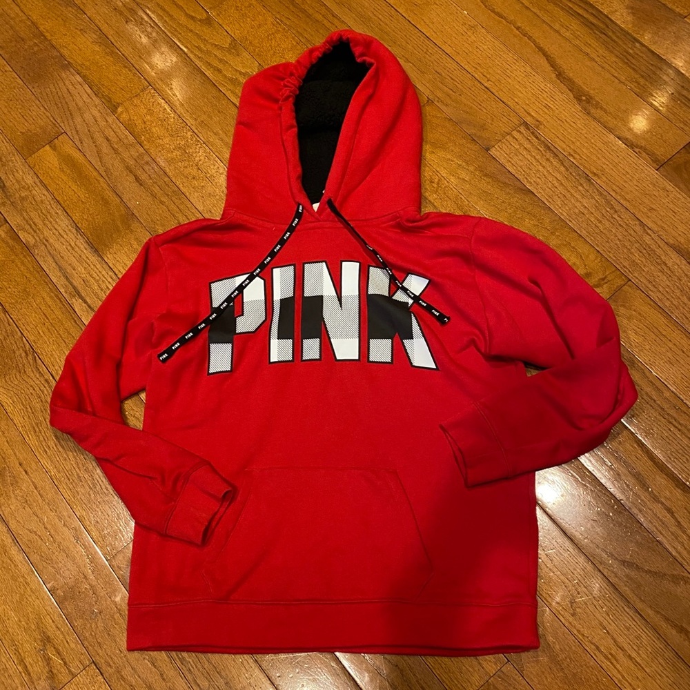 PINK M sweatshirt Red w Grey Sherpa hoodie EUC
